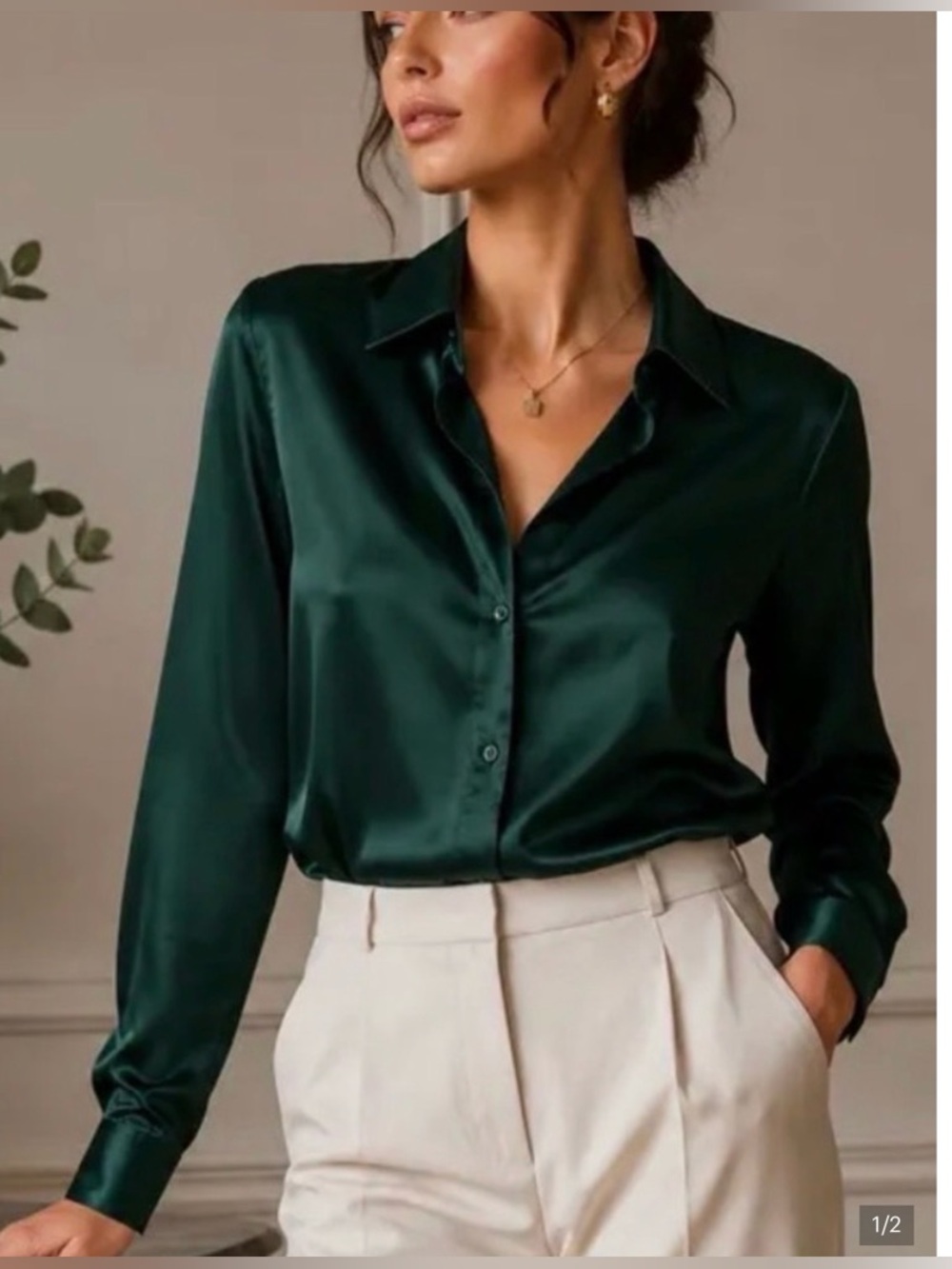 Banana Republic - 100% Silk Dark Green Button-Up Blouse - Medium